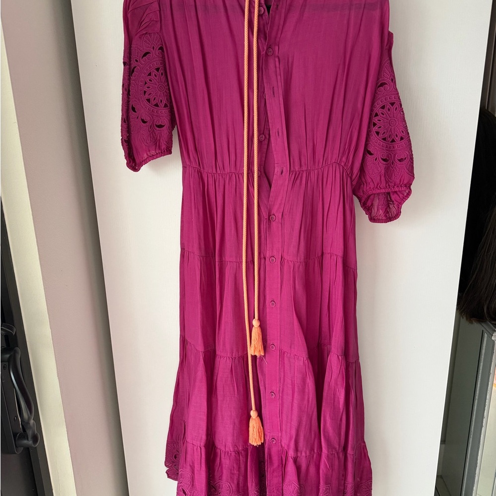 Zimmermann Magenta Eyelet Puff-Sleeve Tiered Midi Dress - Picture 2 of 3